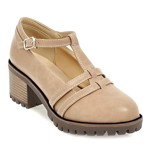 MIOKE Women's T-Strap Mary Jane Pumps Round Toe Chunky Mid Heel Platform Vintage Brogue Dress Oxford Shoes