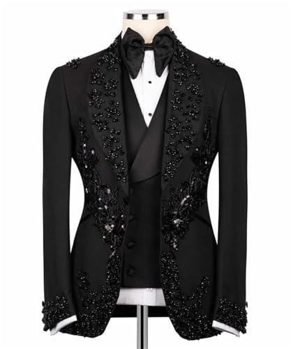 Men's Black Tuxedo with Flower Applique Beaded Tuxedo Slim Fit Shawl Lapel Blazer for Dinner Prom Wedding2