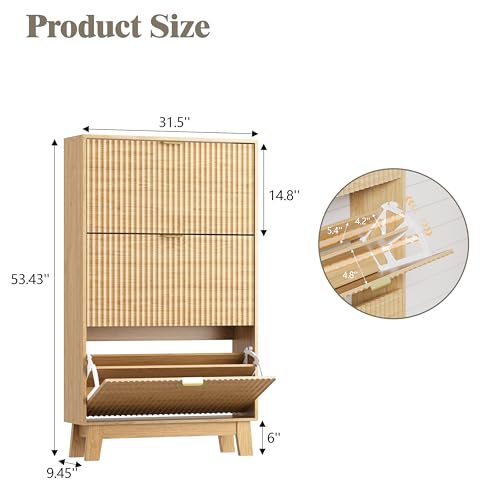 Image of HUANLEGO Shoe Cabinet Storage for Entryway with 3 Flip Drawers, Fluted Narrow Shoe Organizer with Wooden Legs, Freestanding Slim Shoe Storage Hidden Shoe Rack Organizer for Front Door Entrance, Oak