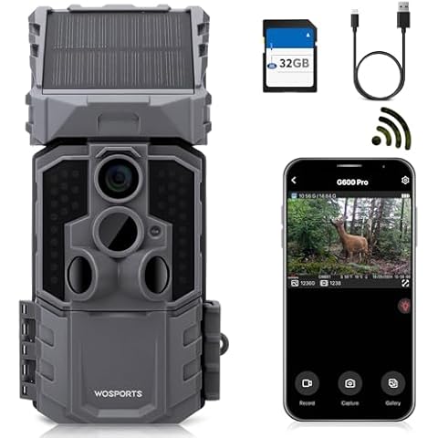 WOSPORTS WiFi Trail Camera with 7800mAh rechargeable Solar Panel,Cell Phone App,Real 33MP 1296P Bluetooth 2.0''LCD Game Camera,0.1s Trigger Trail Cam with Night Vision,IP66 120°Cam Lens for Monitoring Cover