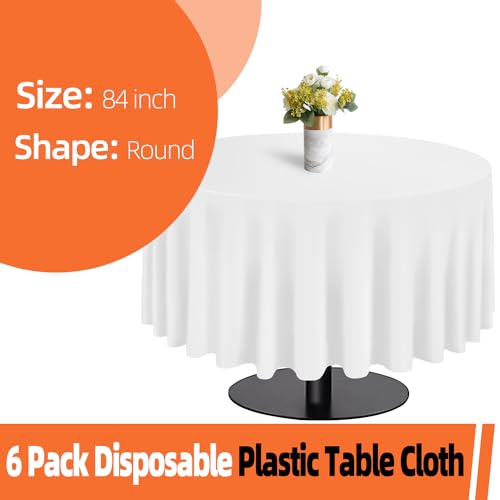 Image of tujol White 6 Pack Plastic Table Cloth 84 inch, Disposable Round Tablecloth Table Cover, Plastic Tablecloths for Parties