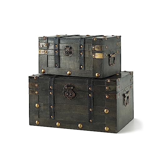 SLPR Alexander Wooden Boxes with Hinged Lids - Set of 2, Decorative Trunks for Storage and Home Decor, Antique Wood Treasure Chests for Keepsakes