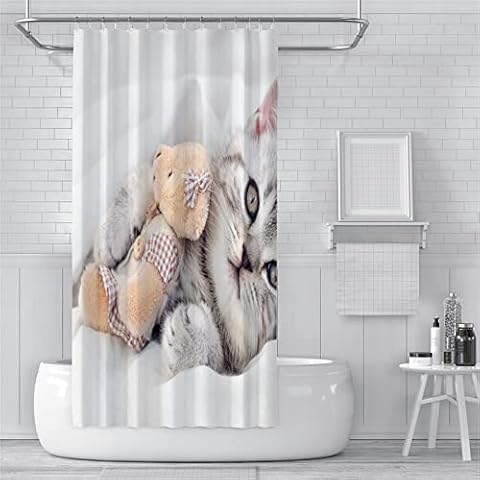 Shower Curtain 200x200cm Extra Long Shower Curtains Mould Proof Resistant Waterproof Washable Bathroom Curtains, Weighted Bath Curtains with Hooks, 3D Garden Outdoor Shower Curtain Grey Cat Cover