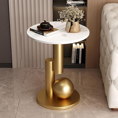 Image of Round End Table, Luxury Circle Modern Side Table, Marble Side Tables for Living Room, Creative Aesthetic Coffee Table Bedside Nightstand for Couch Bedroom Sofa Patio Balcony (White Gold, H 21.7inch)