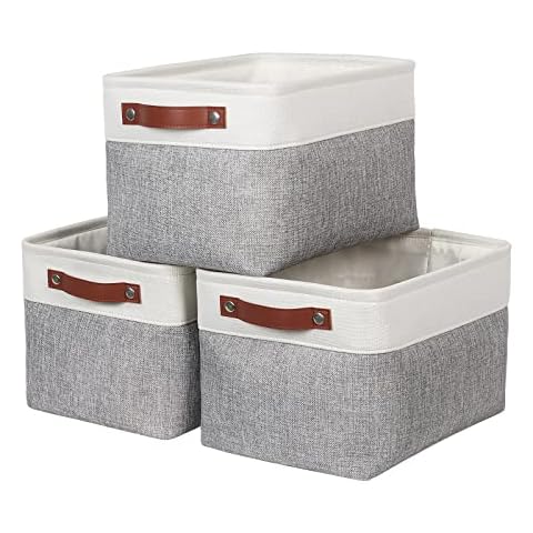 Syeeiex Fabric Storage Basket [3-Pack], Large Baskets with Leather Handles, Storage Boxes for Shelves, Foldable Baskets for Organizing Toys, Clothes, Office (White/Grey) Cover