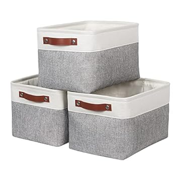 Syeeiex Fabric Storage Basket [3-Pack], Large Baskets with Leather Handles, Storage Boxes for Shelves, Foldable Baskets for Organizing Toys, Clothes, Office (White/Grey)