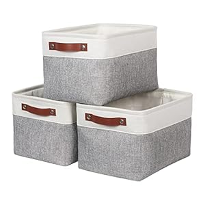 Syeeiex Fabric Storage Basket [3-Pack], Large Baskets with Leather Handles, Storage Boxes for Shelves, Foldable Baskets for Organizing Toys, Clothes, Office (White/Grey)