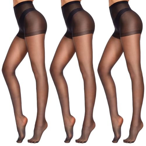 CozyWow 20 Denier - Medias de seda para mujer, con puntera reforzada, cintura alta, 3 x negro, L