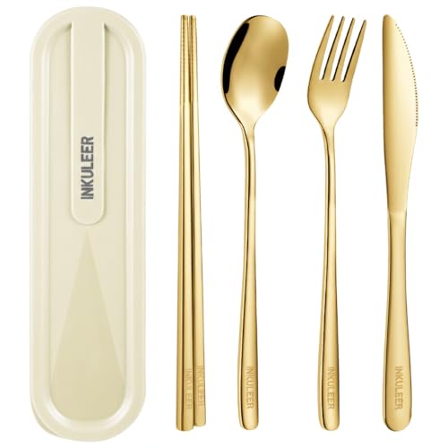 iNKULEER Travel cutlery set, 18/8 stainless steel cutlery, Reusable utensils set with case, Portable Silverware Lunch Box for Camping and Office-Stainless steel