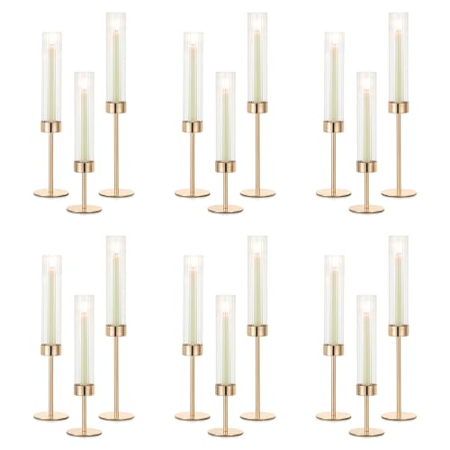 NUPTIO Hurricane Glass Candles Holder: 18 Pcs Gold Taper Candle Stick Holder Bulk - Modern Candlestick Decor with Tall Ribbed Chimney Sleeve for Thanksgiving Christmas Centerpiece by NUPTIO - Used condition - US$114.65