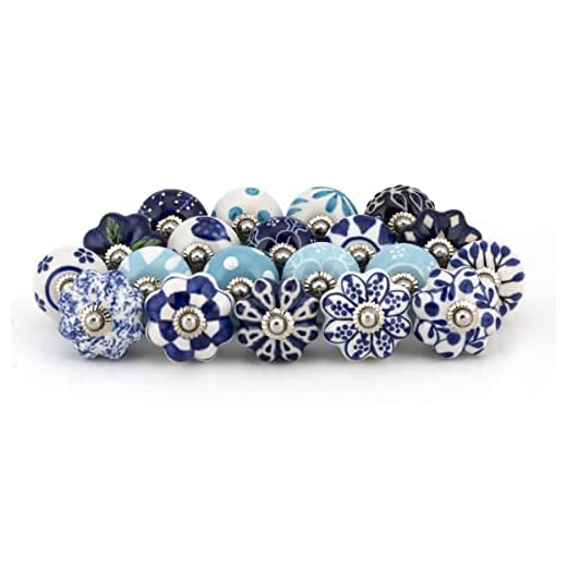 Craft Trade Cabinet Knobs for Dresser Drawers Decorative Assorted Colorful Ceramic Pull Handle for Kitchen Cupboard Wardrobe Furniture Hardware- Blue - Pack of 20