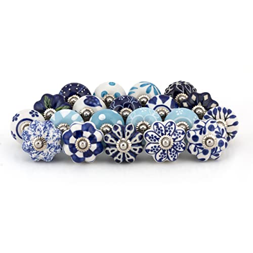 Image of Craft Trade Ceramic Dresser Knobs for Drawer Wardrobe Kitchen Cabinet Furniture Desk Dressers Cupboards Vintage Assorted Decorative Pull Handle Interior Decor Hardware - Pack of 20, Blue