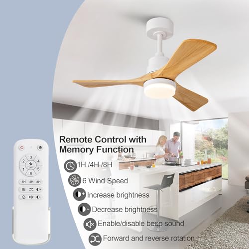 Image of 36 Inch Outdoor Ceiling Fans with Lights and Remote Control, Dimmable 3 Blades Wood Outdoor Ceiling Fans for Patios White Natural Wood Bedroom Ceiling Fan with Light, Wall Switch