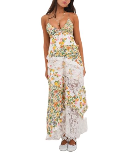 Image of SOOKABEILA Women Y2k Boho Maxi Dress Floral Lace Sheer Tiered Flowy Cami Long Dress 2025 Summer Smocked Beach Sundress
