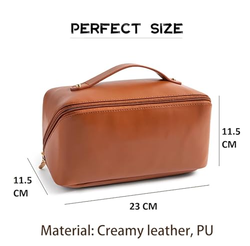 Image of ANGENIL Makeup Pouch Bag, Travel Pouches for Women, Vanity Bag for Women Latest, Cosmetic Organizer, Travel Toiletry Bag, Mini Makeup Bag and Skincare Pouch, Leather Vanity Bag (Brown, Medium)