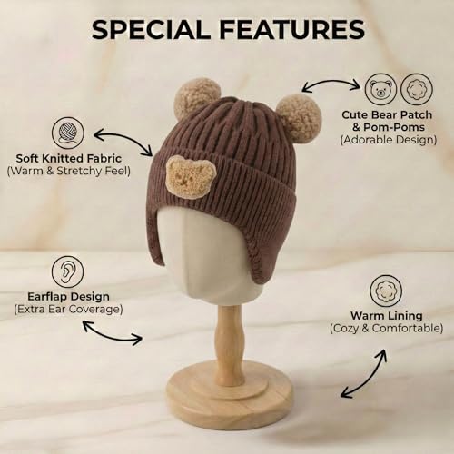 Image of Kraptick Children's Pompom Winter Warm Caps for Toddlers & Kids, Soft Knitted Beanie with Warm Earflaps, Cute Teddy Bear Design, Unisex Baby Woolen Hat-2