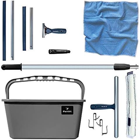 FenWi Profi Fensterputzer Komplett-Set mit Fensterabzieher, Mikrofaser Fensterwischer, Eimer und Teleskopstange - zur Glasreinigung für Fenster Cover
