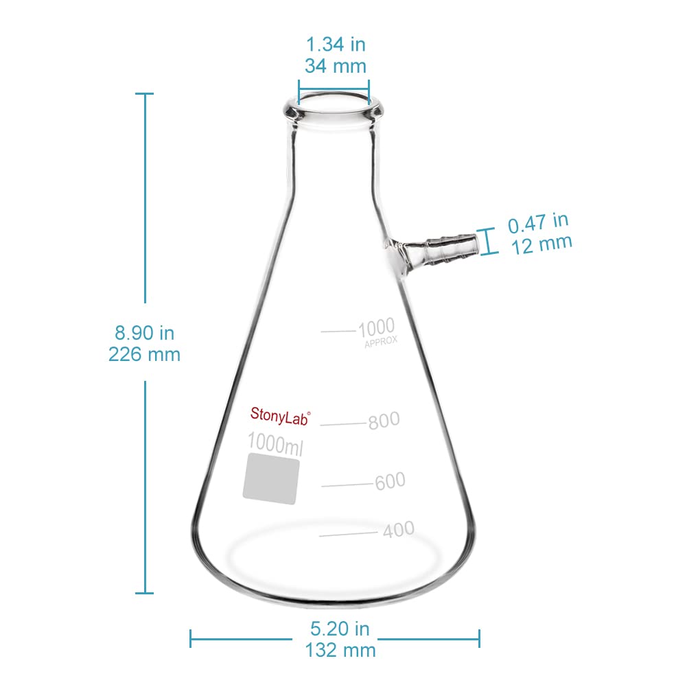 StonyLab 2er-Pack 1000 ml Borosilikatglas-Filterkolben, Glass Filtering Flask, Bolzenhals mit Röhrchen (1000 ml)