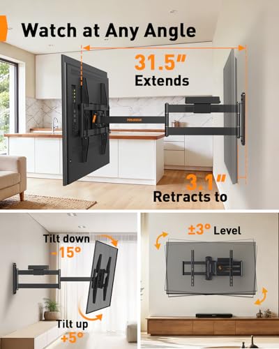 Image of Perlegear Long Arm TV Wall Mount Full Motion with Surge Protection Power Strip for 38-75 Inch TVs, Corner TV Mount with 31.5″ Long Extension, Swivel, Tilt, Max VESA 600x400mm, Holds up to 100 lbs