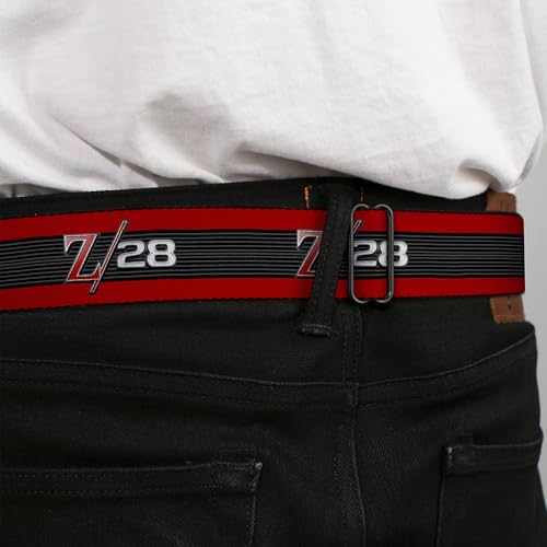 Image of Buckle-Down Seatbelt Belt - 1969 Camaro Z /28 Emblem /Stripe Red /Black /Gray /Silver - 1.5 inch Wide - 24-38 Inches in Length