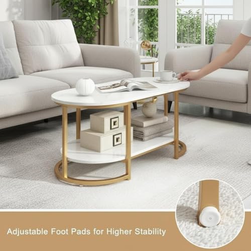 Image of Shoppee Modern 2-Tier Center Table with Engineered Wooden Top & Gold Metal Frame, Cocktail Sofa Table Living Room, Elegant Coffee Table - for Home, Office, Dining (White & Gold)