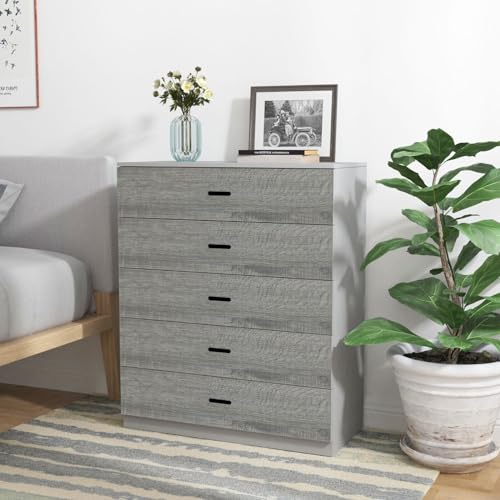 URBNLIVING Cómoda de madera con 5 cajones para dormitorio, armario moderno y amplio de almacenamiento (carcasa gris + cajones gris ceniza, 5)