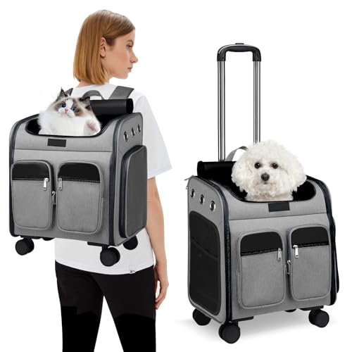PETCUTE Katzenrucksack Hunderucksack mit Trolley 2 in 1 bis 11 kg,Faltbarer Hundetrolley mit 4 Rädern,Herausnehmbarer Matte,Multifunktionaler,Atmungsaktive Haustier-Reisetrage für Katzen und Welpen