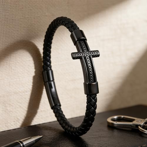 Pulsera de cuero trenzado con cruz para hombre y mujer miniatura 2
