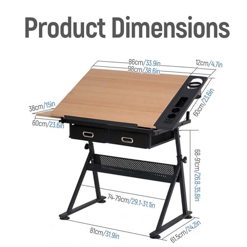Wooden Drawing Desk with Stool Art Craft Table, Adjustable Height(26.8