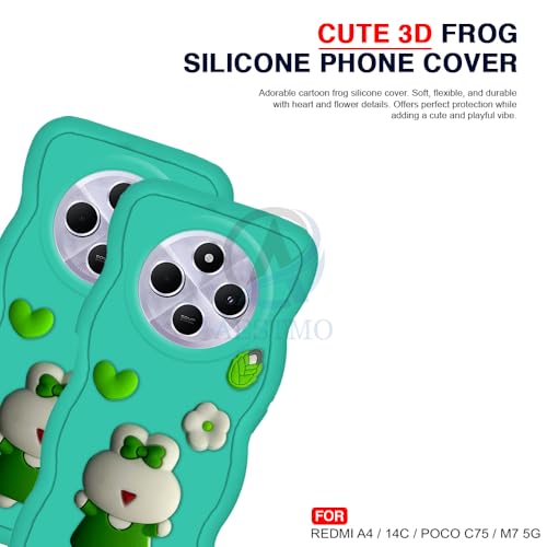 Image of AESTMO Back Case Cover for Redmi A4 / 14C / Poco C75 / M7 5G | 3D Cute Fun Cartoon Characters | Anti Slip Grip Cute Wave Curly Frame Shape | Full Body Protection Back Cover (Mint Green)