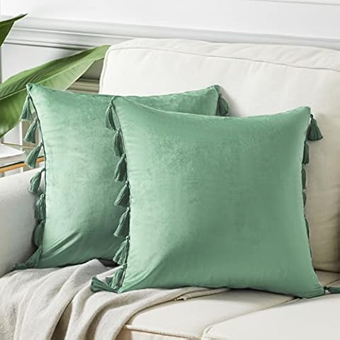 Fancy Homi Pack of 2 Sage Green Decorative Throw Pillow Covers 24x24 Inch with Handmade Tassels, Soft Velvet Solid Square Cushion Case Set for Couch Sofa Bed Living Room 60x60 cm Cover
