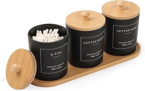 Glas Wattestäbchen Behälter mit Bambus Tablett 400ml Badezimmer Organizer Set für Wattepads Zahnseide Sticks Haargummis & Schminktisch Aufbewahrung Wattepadspender mit 28 Etiketten (Schwarz-3er)