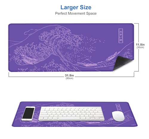 Image of IMAYONDIA Great Wave Large Gaming Mouse Pad, Purple Minimalist Japanese Desk Mat, Gamer Aesthetic Extended Mousepad Cute, Non-Slip Rubber Base Lilac Desk Pad for Office- 31.5 X 11.8 Inch