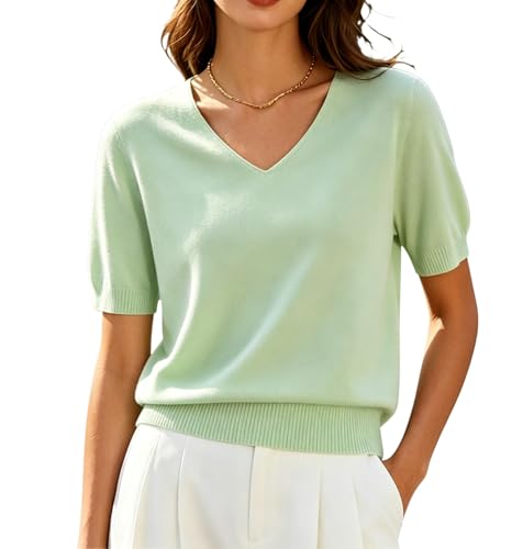 Image of DAIMIDY Women's Short Sleeve Sweater V Neck Summer Knit Tops | Business Casual Tops| Soft,Lightweight,Breathable and Comfortable| Perfect for Shopping,Date,Vacation,Daily Wear Etc.