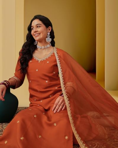 Image of Amazon Brand - Tavasya Women Silk Blend Zari Sequence Embroidered Kurta with Pant and Dupatta |Ethnic Wear