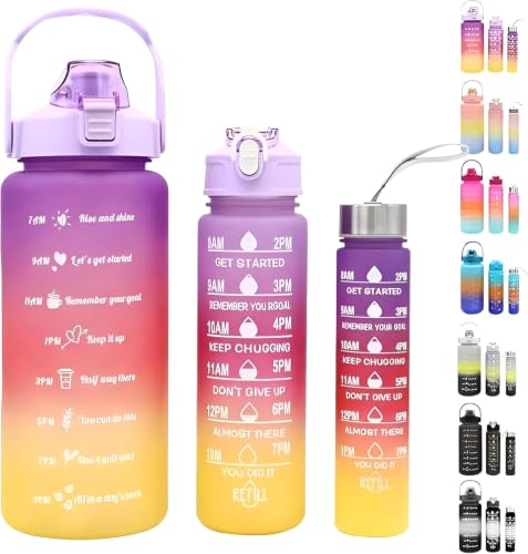 3'lü Motivasyonel Matara Seti - Özel Renk Geçişli Tasarım 2 L + 900 ml + 300 ml Su Şişesi Takımı
