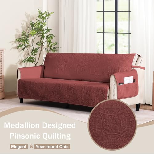 Image of Quilted Grand Sofa Covers for 4 Cushion Couch, Couch Cover for Grand Sofa Washable, Soft Cozy Couch Protector, Oversized Grand Sofa Slipcovers Water-Repellent (Grand Sofa 98 inch, Red)