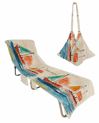 Watercolor Ship Coastal Beach Lounge Chair Towel Cover, Soft Chaise Lounge Towel with Side Pockets Patio Pool Chairs Cover for Beach/Pool Sunbathing 29x85 Summer Beach Nautical Rustic