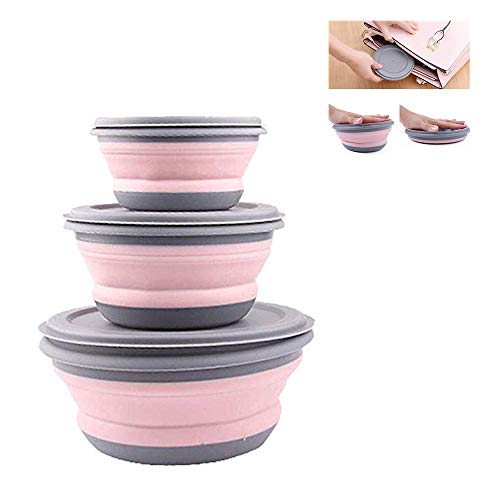 Portable Collapsible Food Containers,Multifunctional Foldable Silicone Bowl Collapsible Camping Bowl with Lid Suitable for Outdoor Camping and Hiking,Travelling (Pink)