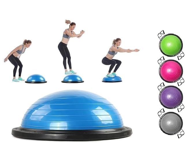 Acupression Half Balance Ball for Exercise with Resistance Bands and Foot Pump, Inflatable Yoga Bosu Ball for Home Gym Workouts