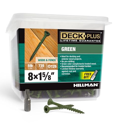 Image of Deck Plus 1-5 /8 Inch Epoxy Coated Exterior Wood and Fence Screws #8 x 1-5 /8 inch Torx /Star Drive Included Coarse Thread, Outdoor Rust Resistant Decking Screw, Green, 5lb Box, 735 Pieces | 48398