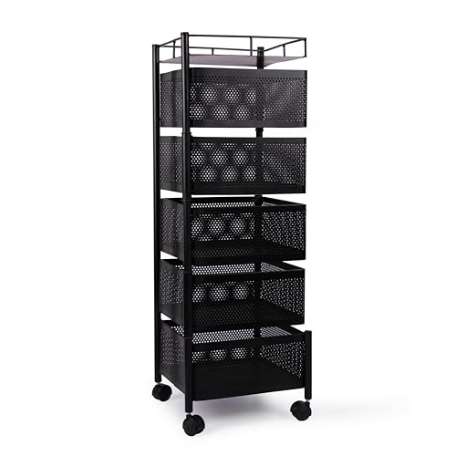 Image of KITCHIVO Kitchen Storage Rack | Revolving Vegetable Rack | Square Multipurpose Storage Trolley with Wheels | Metal Fruit Rack (Black, 5 Layer)