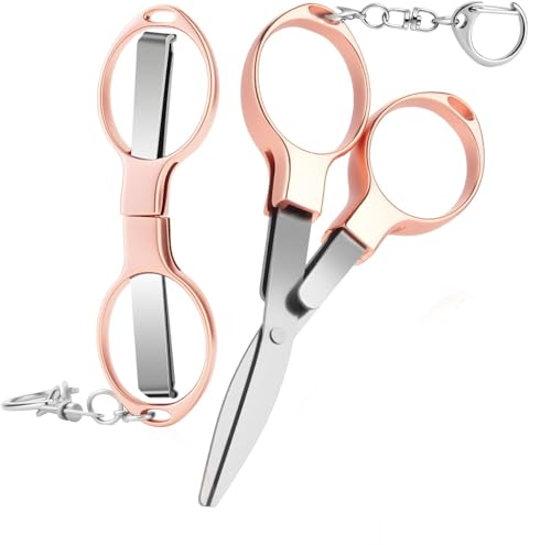2Pcs Mini Folding Scissors Safe Portable Travel Mini Scissors Safety Foldable Pocket Badge Small Shears All Purpose with 2 Keychain for Travel Home Office Craft Sewing (Rose Gold)
