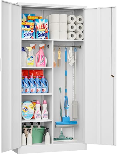 Wide & Deep Metal Storage Cabinet with Hanging Rod White Broom Closet Storage Cabinet with Lock 72 Tall Wardrobe Cabinets with Doors and Shelves Locking Steel Tool Cabinets for Home Office Garage