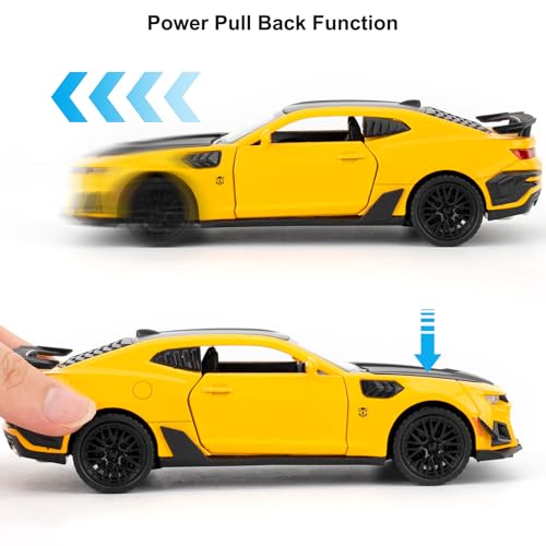 Image of 1 /32 Bumblebee Model Car Toy, Collectible Zinc Alloy Pull Back Vehicles Diecast Car Toy with Sound and Light for Adult Boys Girls (Yellow)