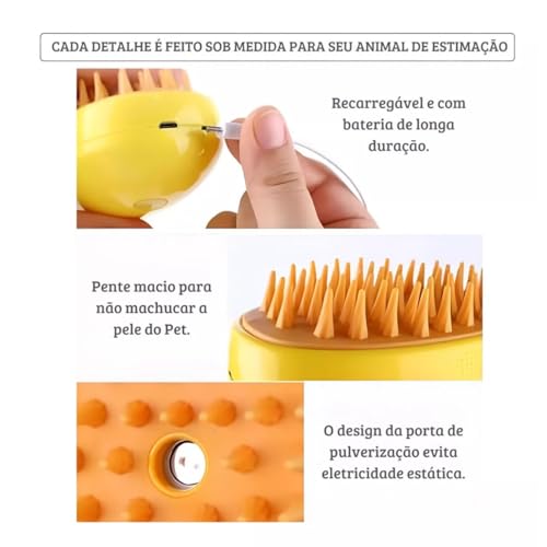 Escova Pet Para Cães e Gatos A Vapor 3 Em 1 - Autolimpante, Massagem e Remoção de Pelos - Recarregáv