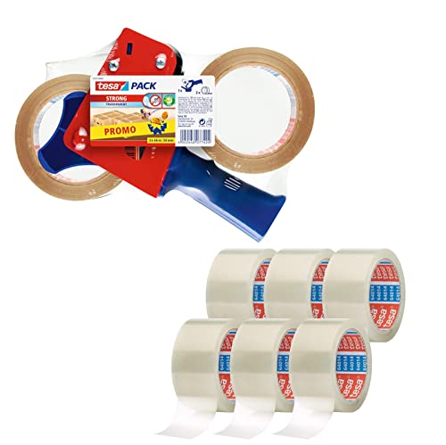 tesa Paketband-Abroller und tesapack Paketbänder im Set - 2 x hochwertiges Packband inklusive 1 Abroller - Transparent - 66 m x 50 mm (Promopack + 6 Ersatzrollen)