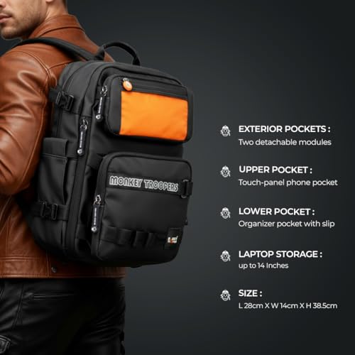 Image of MONKEY TROOPERS Walky Backpack Bag, With Bike-Mountable Skin, 15-Inch Laptop Compartment, Water Resistant, Modifiable Pockets, Touch-Sensitive Navigation Pocket, Travel, Biking, Hiking