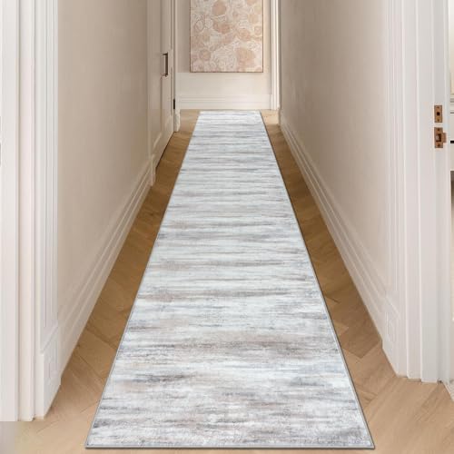 KOZYFLY Modern Abstract Kitchen Runner Rug, 2.6x16 Washable Rug Runner Non-Slip Soft Striped Hallway Runner Rugs, Beige Print Distressed Carpet Runner for Entryway Bathroom Laundry Room Foyer