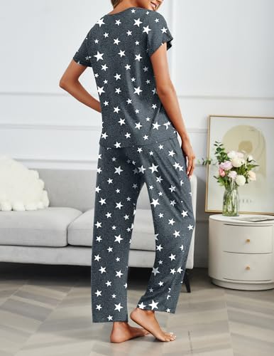 Image of Ekouaer 2 Pack Pajamas for Women Set Short Sleeve Pj Top and Printed Pants | Soft PJs Cozy Printed Lounge Sets Comfy Sleepwear with Pockets